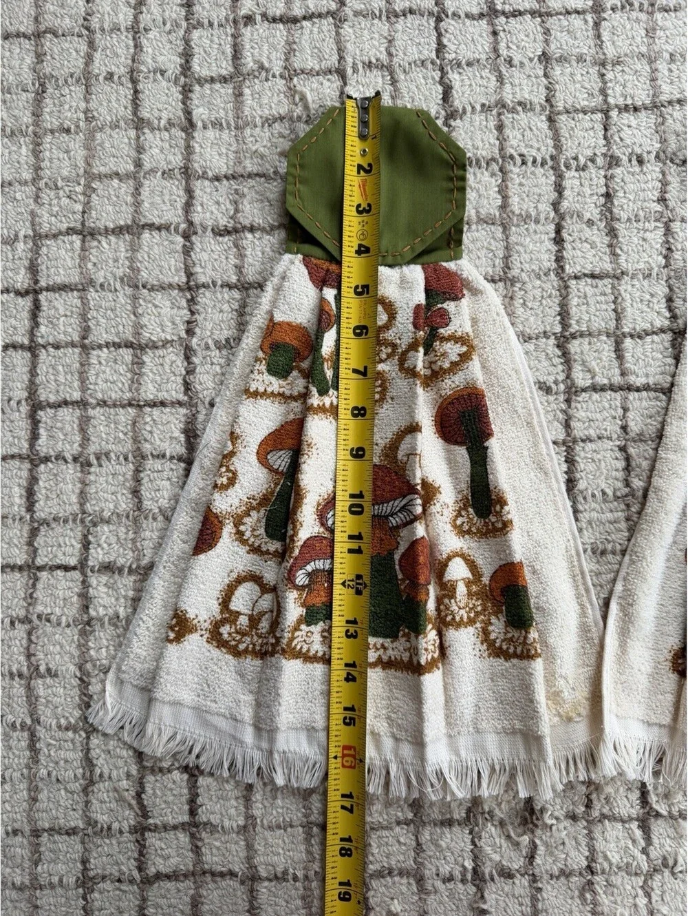 Vintage 1970 Style Mushroom Hanging Hand Towels In Green And Orange Set Of 2
